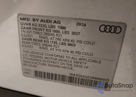 2024 Audi Q8 E-Tron S Line Prestige Quattro z USA, uszkodzony, nr VIN WA1DAAGEXRB066833